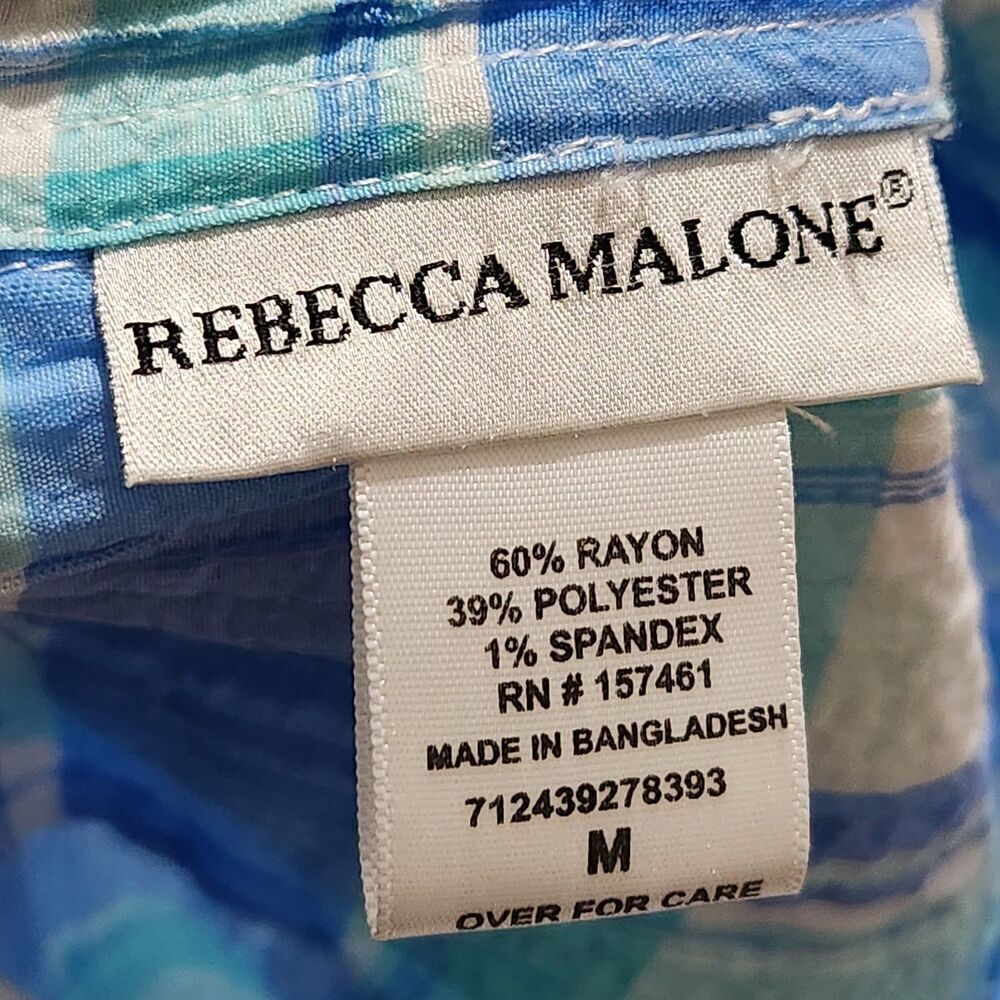 Rebeca Malone Top Size Medium Blue Plaid Front Buttons Short Sleeve - Picture 9 of 10